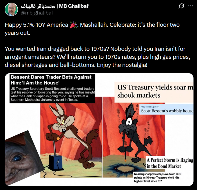 A tweet by MB Ghalib (@mb_ghalib) celebrating a 5.1% 10Y Treasury yield, referencing headlines about Treasury Secretary Scott Bessent challenging traders, with Looney Tunes-style images of Wile E. Coyote.