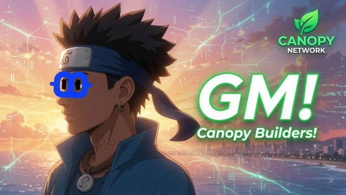An anime-style graphic of a character in a blue ninja outfit with a headband, accompanied by 'CANOPY NETWORK', 'GM!', and 'Canopy Builders!' text against a sunset cityscape.