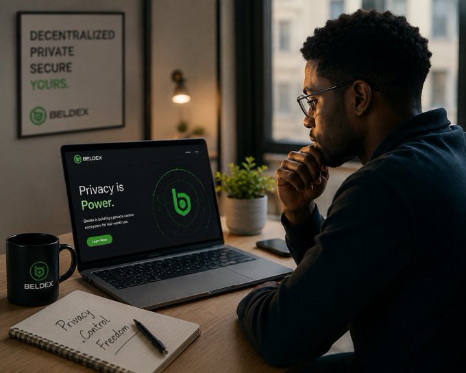 A man sits at a desk looking thoughtfully at a laptop displaying 'BELDEX' with the slogan 'Privacy is Power,' while a poster reads 'DECENTRALIZED PRIVATE SECURE YOURS' and a notebook lists 'Privacy, Control, Freedom.'