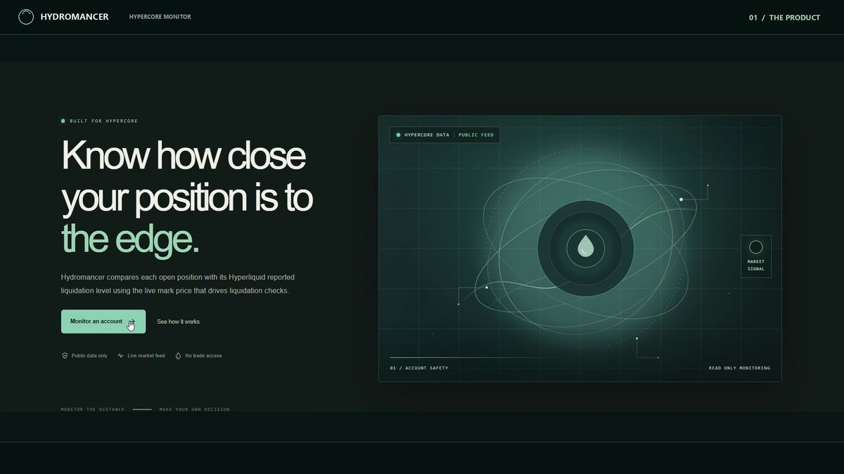 A website landing page for 'HYDROMANCER' with the headline 'Know how close your position is to the edge,' describing a Hyperliquid liquidation monitoring tool.
