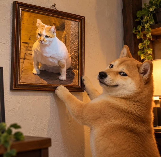 An AI-generated image of a Shiba Inu dog standing on its hind legs, holding a gold-framed portrait of a cat on a wall.