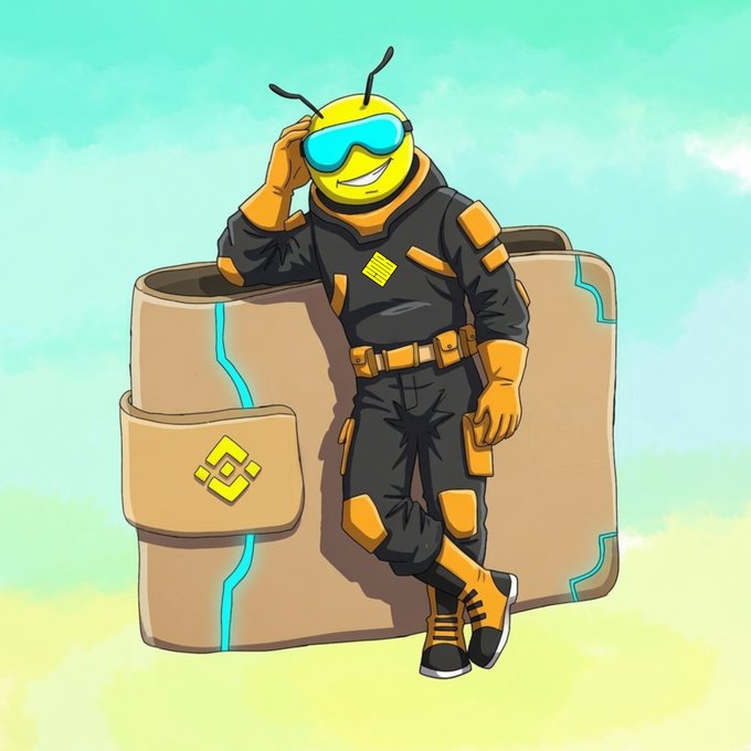 The image shows a cartoon bee character wearing a black and yellow tactical outfit with blue goggles, casually leaning against a large beige tablet device featuring a yellow diamond logo. The bee mascot ties into the "Colb" announcement, as bees are a fitting symbol for Binance's "Binance Wallet" integration, and the confident pose of the character matches the post's optimistic tone about Pre-IPOs becoming accessible to 300M+ users on the Binance platform.