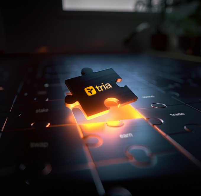 The image features a puzzle piece with the word "Tria" written on it, which appears to be floating or glowing in the dark background. The puzzle piece is located at the center of the frame, drawing attention to its presence. The surrounding darkness emphasizes the puzzle piece's prominence and highlights the importance of the "Tria" element within the image.