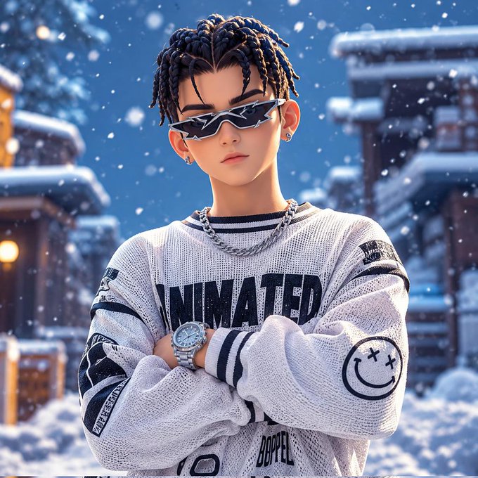 A 3D-rendered stylized character with braided hair, sunglasses, and a silver chain standing in a snowy village setting, wearing a white sweater with 'UNNAMED' text and a smiley face patch.