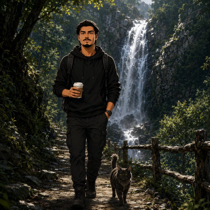 An illustrated scene of a man in a black hoodie holding a coffee cup, walking along a forest path beside a cat with a large waterfall in the background.