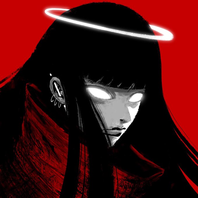 A stylized anime illustration of a dark-haired figure with glowing white eyes and a glowing halo against a red background.