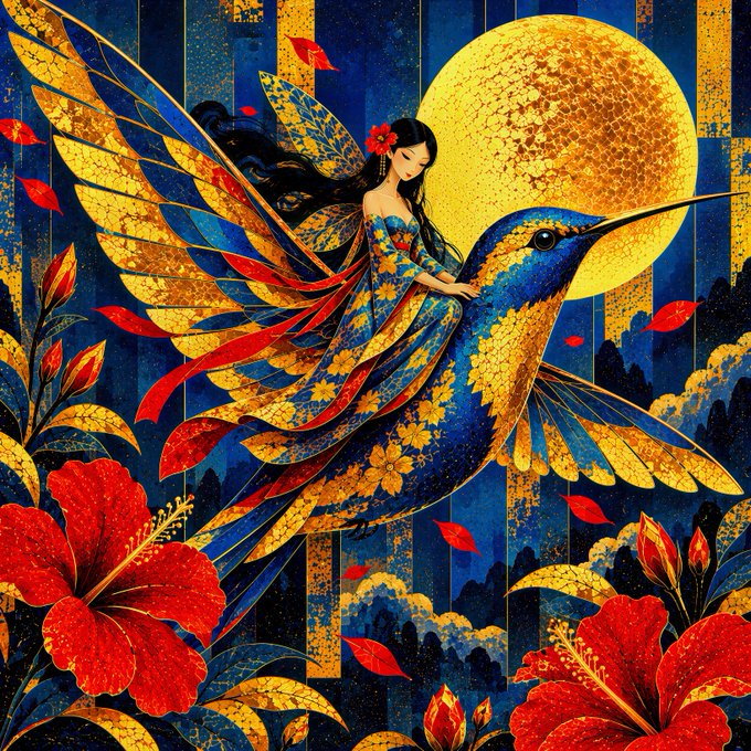 A vibrant digital artwork depicting a woman with dark hair riding a large hummingbird, set against a full moon with gold leaf accents, red hibiscus flowers, and deep blue tropical foliage in a Klimt-inspired style.