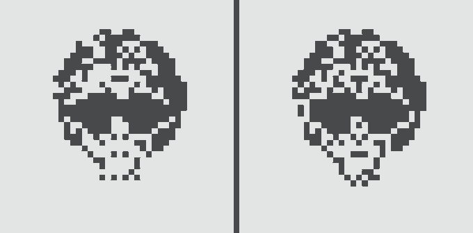 Two pixel-art style skulls are shown side by side in black and white, separated by a vertical line, appearing nearly identical.