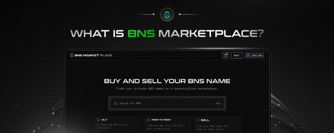 A dark-themed webpage with the heading "WHAT IS BNS MARKETPLACE?" showing an interface for buying and selling BNS names.