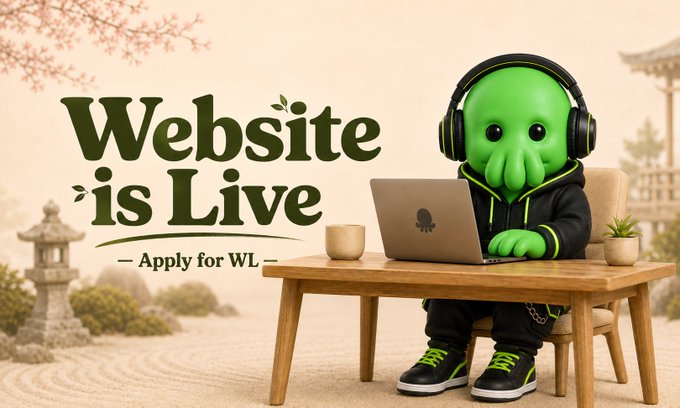 A green octopus wearing headphones and a black hoodie sits at a desk working on a laptop, alongside a banner announcing "Website is Live — Apply for WL." The image visually reinforces the post's message that the Squib Society whitelist application website is now live for users to apply at squibsociety.xyz.