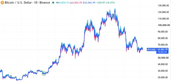 A Bitcoin/U.S. Dollar daily price chart on Binance showing BTCUSD at $63,062.99, with a high of $63,074.13 and low of $62,824.70, depicting significant price volatility over the period.