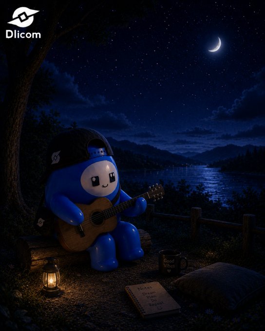 A blue mascot character wearing a backwards cap plays an acoustic guitar by a lake at night, with a crescent moon overhead and a lantern glowing nearby. The image is branded with 'Dlicom' and a coffee mug reads 'Good Vibes'.