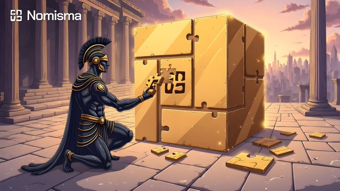 A warrior in Spartan-style armor kneels before a glowing golden puzzle box, carefully placing a piece marked "03" into it, symbolizing the methodical assembly of infrastructure layers—mirroring the post's reflection on Nomisma Network's deeper, multi-layered approach to app infrastructure beyond mere speed.