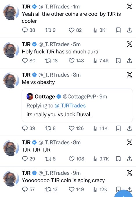 The image shows a series of tweets from "@_TJRTrades" discussing "TJR coin" and engaging in a conversation about "Jack Duval," which relates to the post's theme of mental illness.