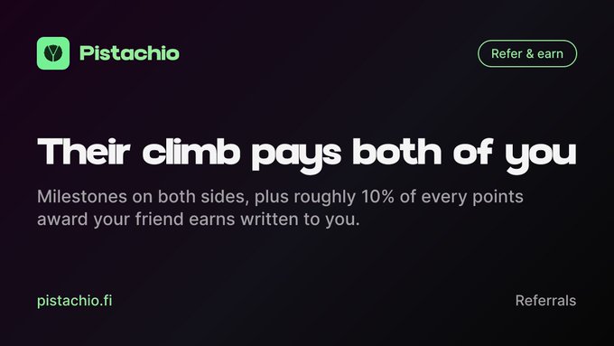 A Pistachio referral program screen titled 'Their climb pays both of you' explains that both parties earn milestones plus 10% of points, directing users to pistachio.fi.