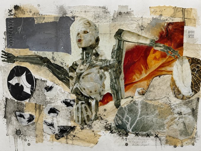 The image features a collage of various elements, including a skeleton with wings, a bird, a clock, and other objects such as feathers and blueprints. The post appears to be about an art project or a creative process involving these different elements.
