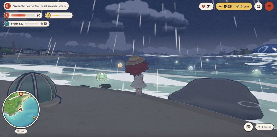 A screenshot from a video game showing a character with a straw hat standing on a beach during a rainstorm, with an objective to 'Dive in the Sea Garden for 20 seconds 435 m' displayed in the top left.