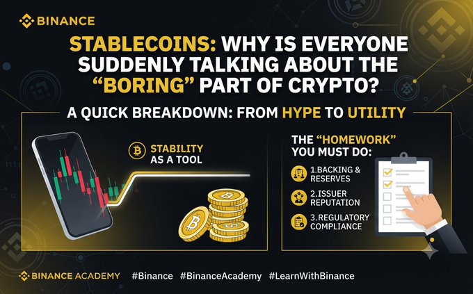 A Binance Academy infographic titled 'STABLECOINS: WHY IS EVERYONE SUDDENLY TALKING ABOUT THE "BORING" PART OF CRYPTO?' with subtitle 'A QUICK BREAKDOWN: FROM HYPE TO UTILITY,' highlighting stability as a tool and listing homework tasks: backing & reserves, issuer reputation, and regulatory compliance.