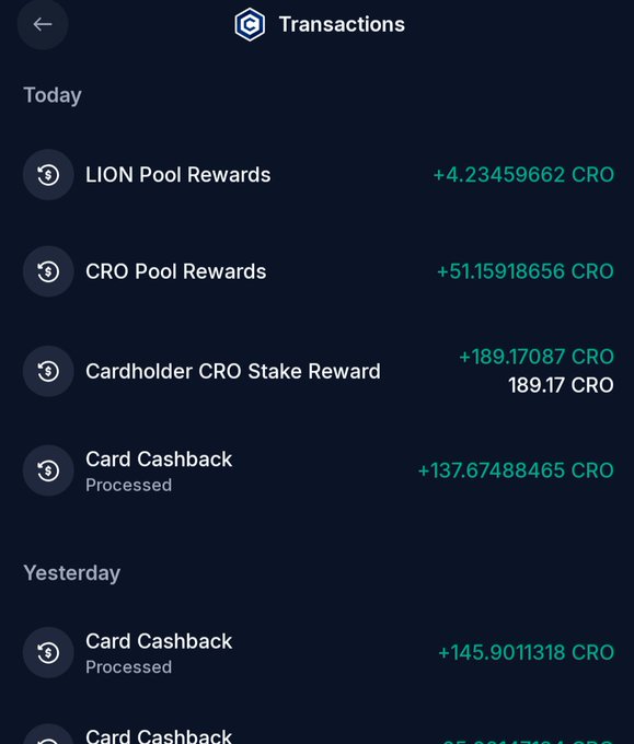 A mobile app screenshot of a 'Transactions' page showing various crypto rewards. Today's transactions include 'LION Pool Rewards +4.23459662 CRO', 'CRO Pool Rewards +51.15918656 CRO', 'Cardholder CRO Stake Reward +189.17 CRO', and 'Card Cashback (Processed) +137.67488465 CRO', with more cashback entries from yesterday below.