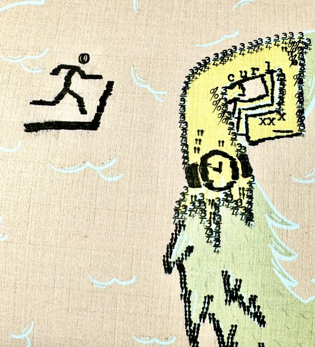 A hand-stitched artwork on beige fabric depicts a figure on a treadmill in the background, while a person wearing a hooded garment in the foreground has their head filled with mathematical symbols and numbers.