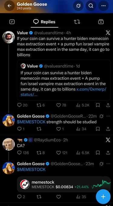 A Twitter/X thread under 'Golden Goose' featuring Value (@valueandtime) discussing a coin surviving 'hunter biden memecoin max extraction event + A pump fun israeli vampire max extraction event', with a reply mentioning $MEMESTOCK up +21.44%.