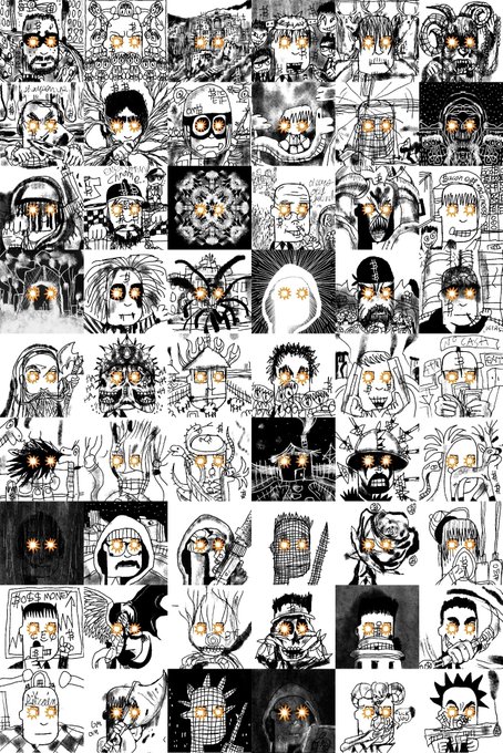 A black and white grid collage of various stylized, hand-drawn cartoon characters, mostly with glowing yellow eyes.