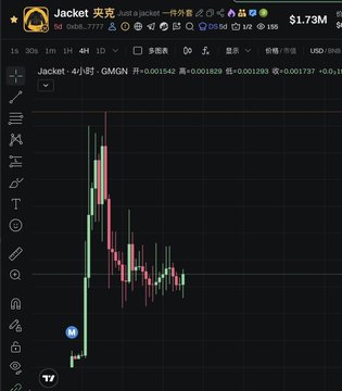 A TradingView chart showing the Jack token (Jack) at $1.73M market cap with 16% gains across multiple timeframes, displaying a sharp initial pump followed by consolidation with red and green candlesticks. The chart visually represents the volatile price action referenced in the post's commentary about market cycles, bundling conspiracies, and the FUD surrounding trending tokens.