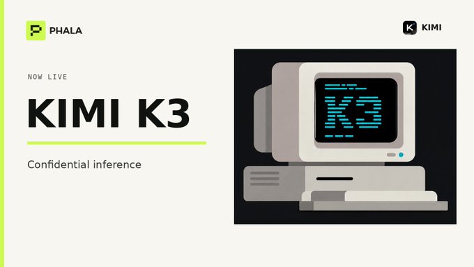 Phala Network promotional banner announcing 'KIMI K3' as 'NOW LIVE' featuring 'Confidential inference', with logos for Phala and Kimi, alongside an illustration of a retro computer displaying 'K3' on its screen.
