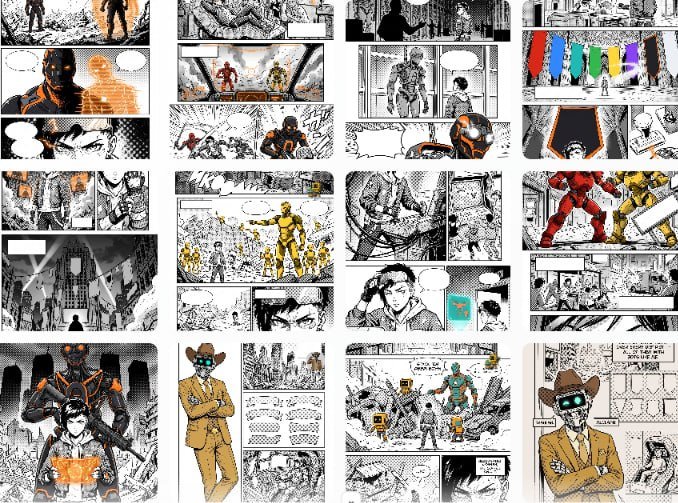 A collage of black-and-white manga panels featuring various characters, including figures in yellow suits and robots, with select elements highlighted in color.