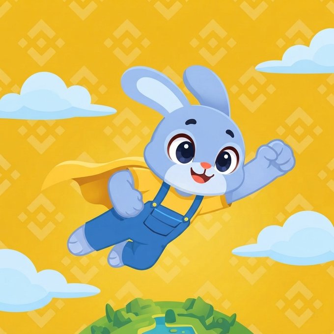 An illustration of a cartoon blue rabbit wearing blue overalls and a yellow cape, flying through a yellow sky with white clouds above a stylized green planet.