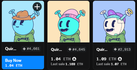 Three Quirkies NFT listings displayed on what appears to be a marketplace, each featuring a blue character wearing a hoodie in different colors (orange, pink, and green) along with a propeller hat. The listings show prices of 1.04 ETH (#4,661), 1.04 ETH with last sale 1.169 ETH (#4,645), and 1.09 ETH with last sale 1.07 ETH (#2,913), matching the "trifecta" of hoodie variants highlighted in the post.