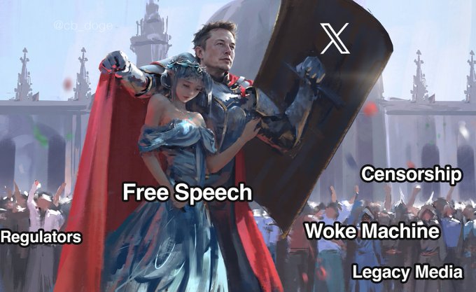 A knight labeled "Free Speech" shields a woman in a blue dress from a shield labeled "X," surrounded by a crowd marked as "Regulators," "Censorship," "Woke Machine," and "Legacy Media," illustrating X as a protector of free speech against various cultural and institutional forces.