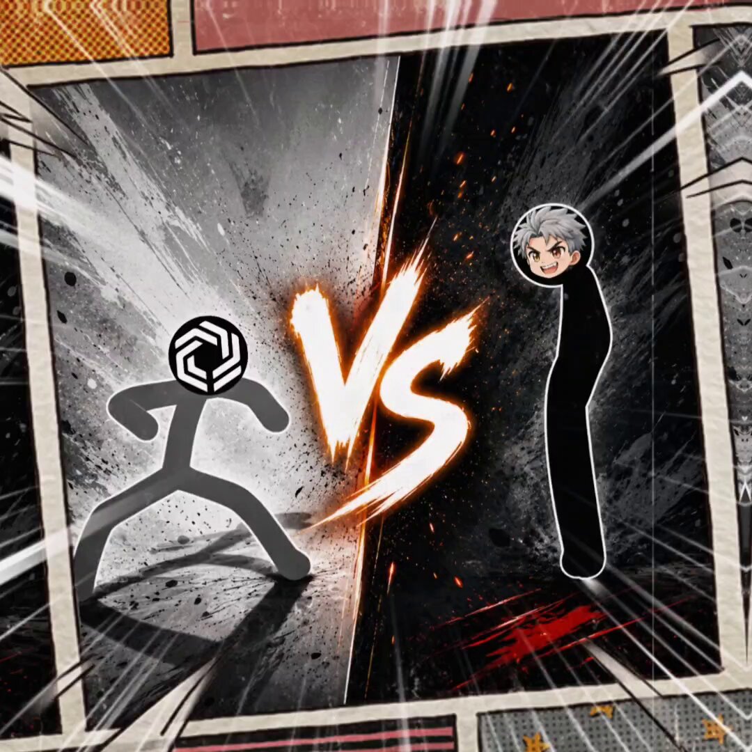 The image features a cartoon-style graphic with two characters engaged in an action scene. The character on the left has its arms crossed and appears to be in a defensive stance, while the other character on the right stands upright with their hands on their hips, suggesting they are ready for combat or confrontation. The background of the image is black and white, which adds to the dramatic effect of the scene. The caption at the bottom of the image reads "POV: I try to join @Immutable Content Creator Program Me: One chance, coach... I can cook content too!".