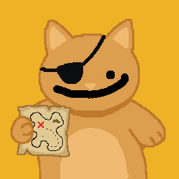 A pixel art illustration of an orange cat wearing an eye patch and holding a treasure map with a red X on a yellow background.