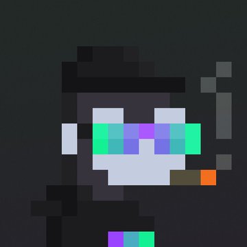 Pixel art character with a rainbow-colored, glitch-style face against a dark background.