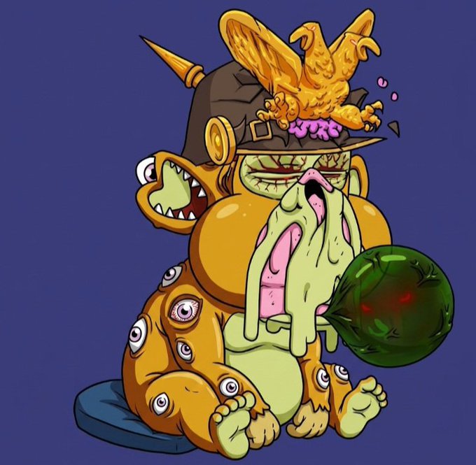 A grotesque cartoon illustration of a multi-eyed, multi-mouthed creature wearing a Pickelhaube-style military helmet topped with a golden eagle, drooling while holding a dark green orb.