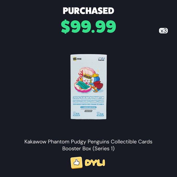 A digital receipt showing 'PURCHASED $99.99 x3' for a 'Kakawow Phantom Pudgy Penguins Collectible Cards Booster Box (Series 1)' on the OYLI platform.