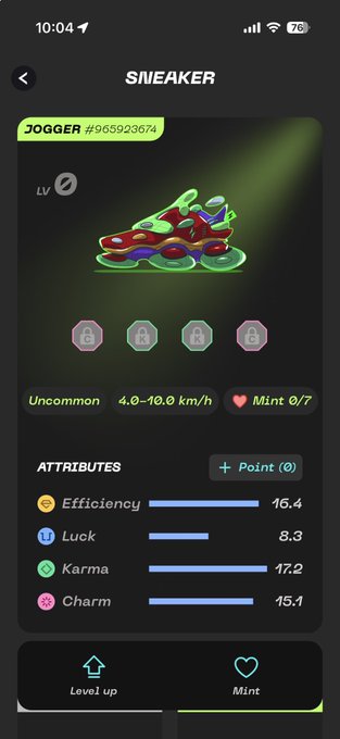 The image shows a phone screen with an app icon, which appears to be related to sneakers or jogging. The app has a green background and white text that reads "Sneaker", "Jogger", and "Mint". There are also icons for a "Point" and a "Level Up" button on the screen.