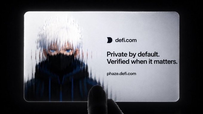 An anime-style advertisement featuring a white-haired character wearing a face covering, with text reading "defi.com - Private by default. Verified when it matters. phaze.defi.com."