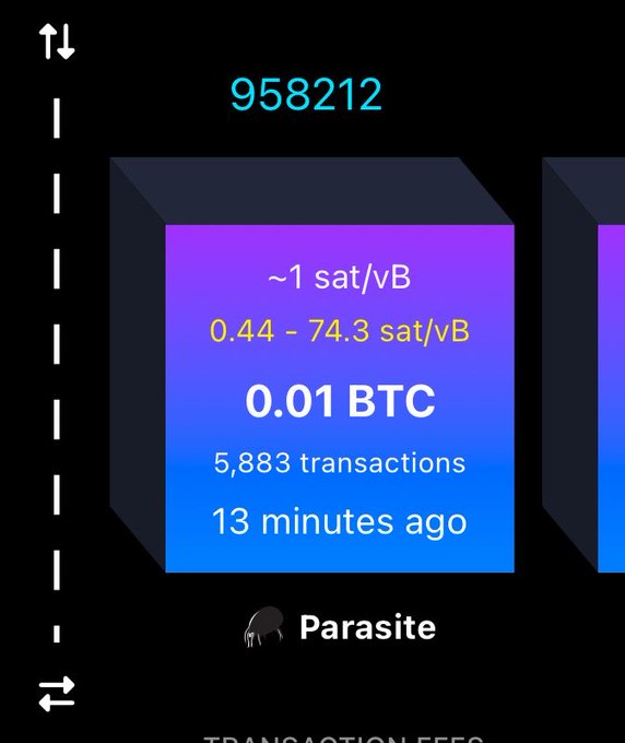 A Bitcoin transaction detail screen showing block 958212 with a value of 0.01 BTC (~1 sat/vB), 5,883 transactions, 13 minutes ago, labeled "Parasite".