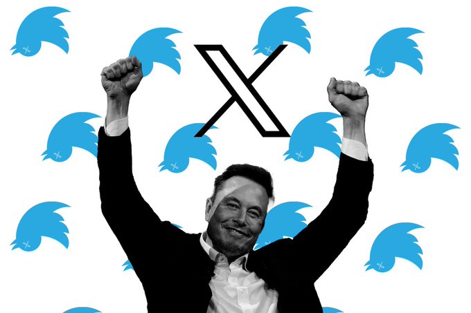 The image features a man with raised arms, wearing a suit and tie, holding up his fist as if celebrating or making a gesture of victory. The background behind him displays a pattern of blue birds, which could be interpreted as a representation of the Twitter logo in black letters. The caption below the image reads "Elon Musk has officially announced that the availability of X Money is being gradually expanded." This suggests that the man's celebration might be related to the announcement or expansion of the new financial system.