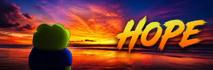 A cartoon frog looking out at a vibrant sunset over the ocean, with the word 'HOPE' displayed in large yellow letters.