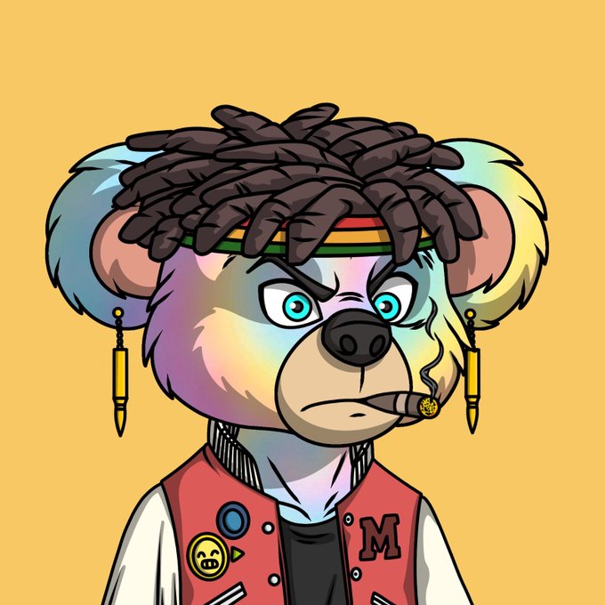A vibrant cartoon NFT illustration shows a colorful rainbow-furred bear character with dreadlocks, a Rasta headband, gold bullet earrings, a cigar, and a red varsity jacket with an 'M' patch, set against a yellow background.