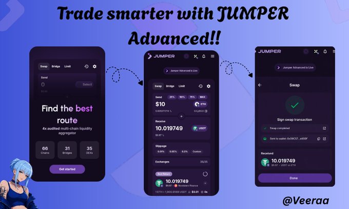 A promotional graphic for "JUMPER Advanced" trading platform showing three mobile app screenshots for swapping tokens like USDC and USDT, with "@Veeraa" watermark.