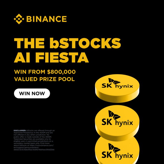 A Binance promotional banner advertises "THE bSTOCKS AI FIESTA" with a call-to-action to "WIN NOW" from an $800,000 valued prize pool, featuring three yellow SK Hynix coin graphics against a black background. The image visually supports the post's message about trading bStocks and TradFi Futures to earn guaranteed rewards from the prize pool.