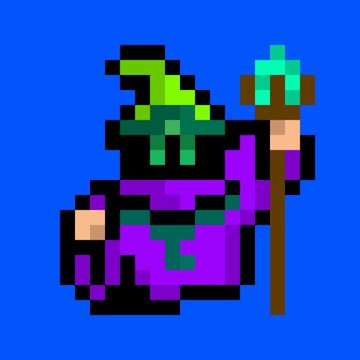 A small pixel-art wizard or farmer-like character in purple clothing and a green hat holds a staff against a solid blue background.