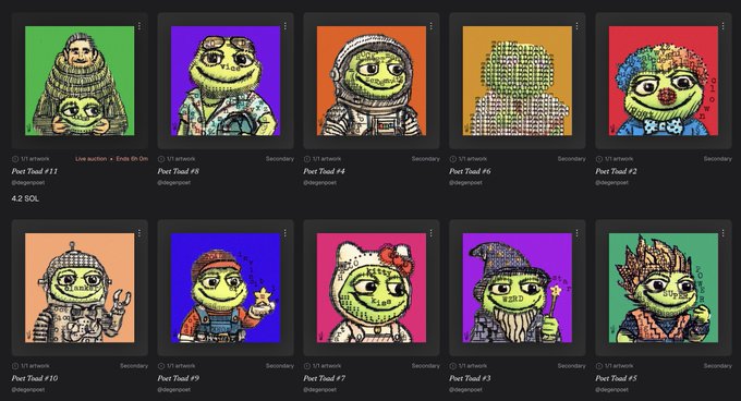 A digital art marketplace display showing a grid of ten pixel-art frog characters in various costumes, with labels such as 'Peet Toad #11', 'Peet Toad #8', 'Peet Toad #4', and 'Peet Toad #5' visible below each artwork.