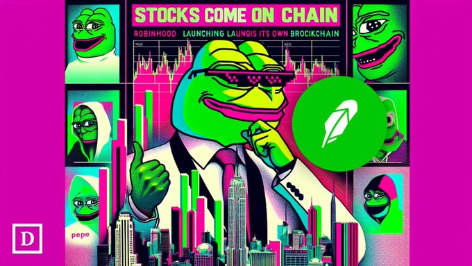 A Pepe the Frog meme graphic titled 'STOCKS COME ON CHAIN' announcing Robinhood launching its own blockchain, set against a pink background with stock chart imagery and Robinhood logo.