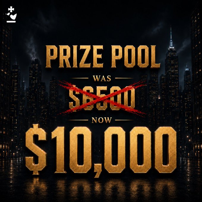A dramatic gold text graphic against a dark cityscape background reading 'PRIZE POOL WAS $500 NOW $10,000', with the original $500 crossed out in red.
