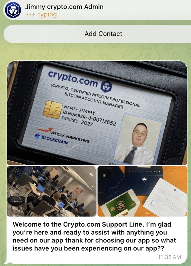 A Telegram chat screenshot from 'Jimmy crypto.com Admin' showing a (CRYPTO) Certified Bitcoin Professional badge with ID J-007M652, alongside an ID photo and images of crypto.com cards.